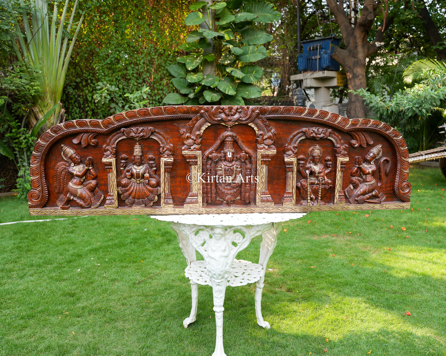 Hand-Carved Wood Tirupati Balaji Panel – 60-Inch Epic South Indian Architectural Pediment featuring Lord Venkateswara, Sridevi, Bhudevi, Garuda, and Hanuman