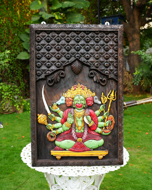 Large Hand-Carved Wood Panchamukhi Hanuman Panel – 36-Inch Traditional Panchamukha Anjaneya Polychrome Wall Art