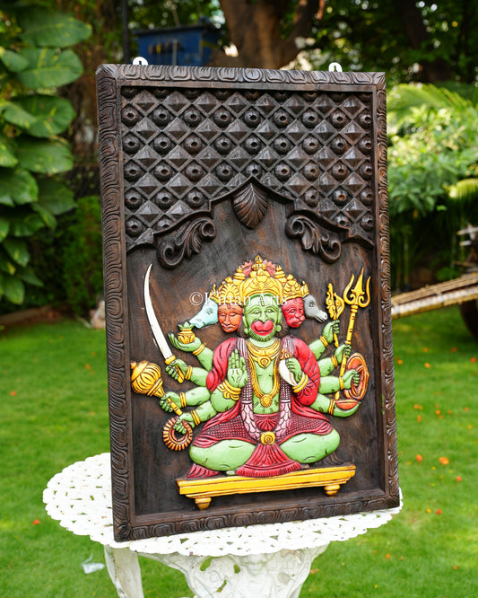 Large Hand-Carved Wood Panchamukhi Hanuman Panel – 36-Inch Traditional Panchamukha Anjaneya Polychrome Wall Art