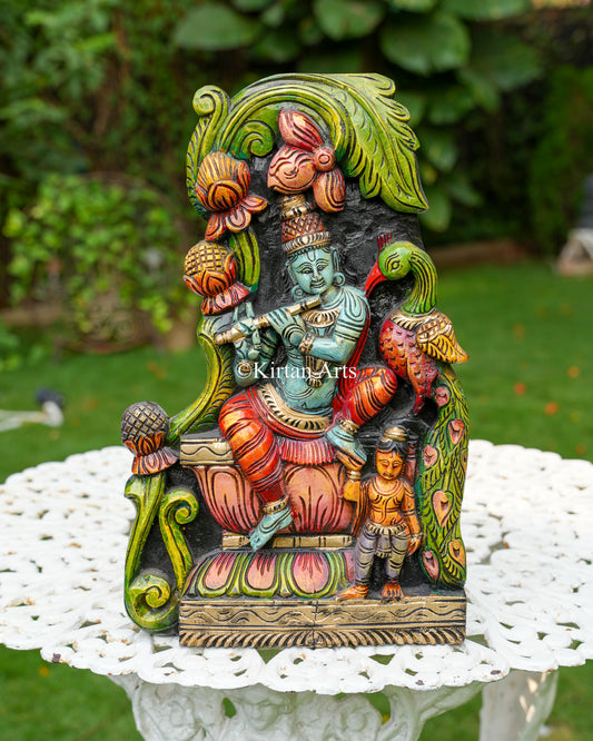 Hand-Carved Solid Wood Venugopala Krishna Panel – 18-Inch Traditional Flute-Playing Krishna Polychrome Wall Art Plaque