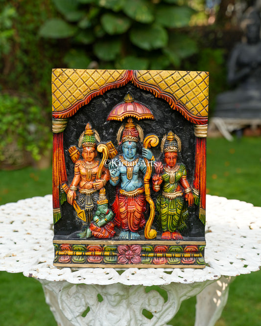 Hand-Carved Solid Wood Ram Darbar Panel – 15-Inch Traditional Sri Rama, Sita, Lakshmana, and Hanuman Polychrome Wall Art Plaque