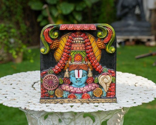 Hand-Carved Solid Wood Lord Venkateswara Face Panel – 12-Inch Traditional Tirupati Balaji Polychrome Wall Art Plaque