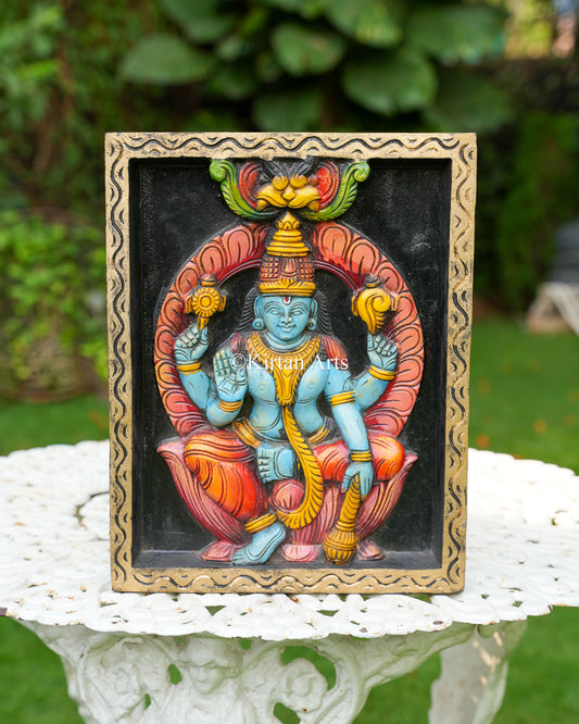 Hand-Carved Solid Wood Lord Vishnu Panel – 15-Inch Traditional Chaturbhuj Mahavishnu Polychrome Wall Art Plaque