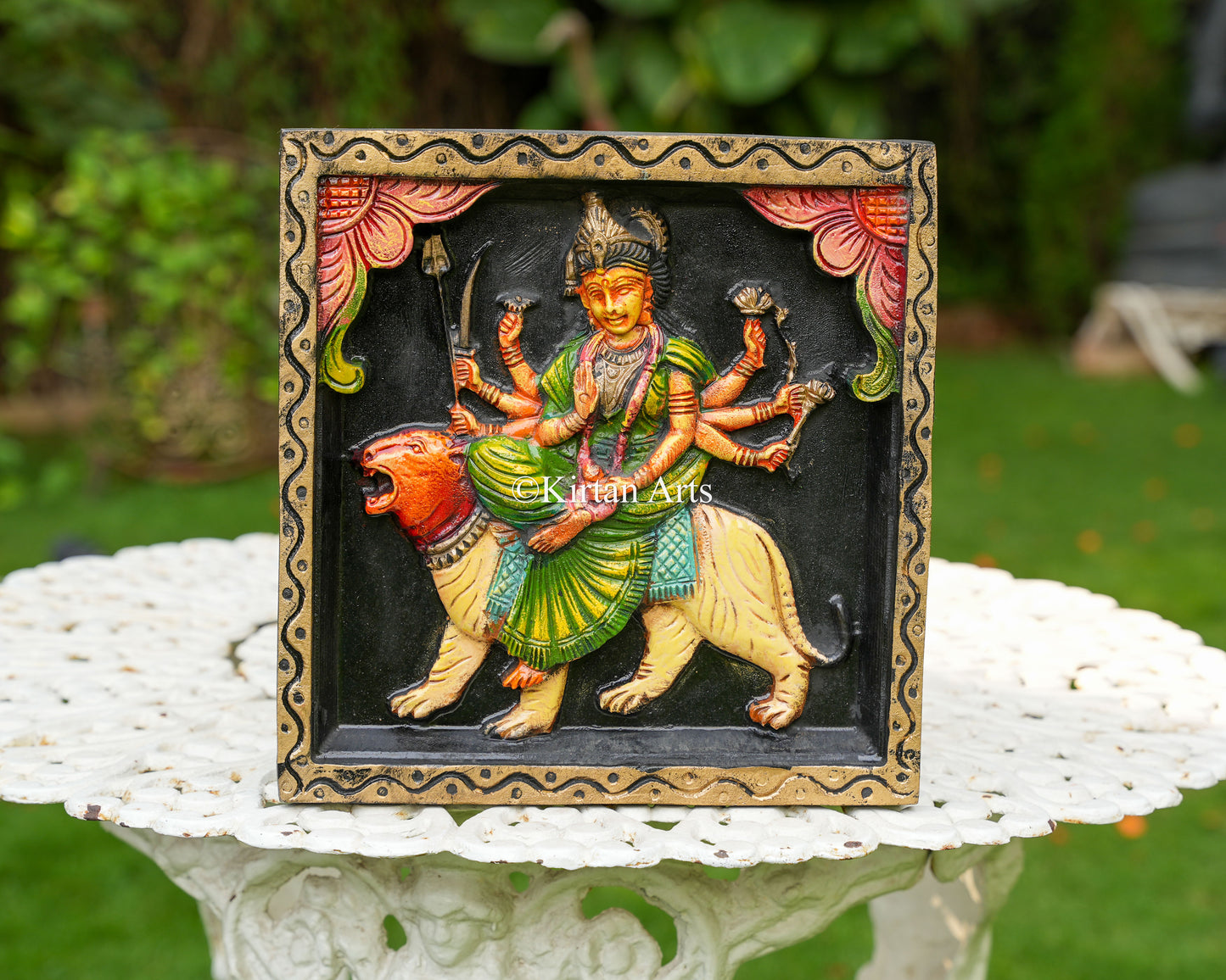 Hand-Carved Solid Wood Goddess Durga Panel – 12-Inch Traditional Simhavahini Polychrome Wall Art Plaque