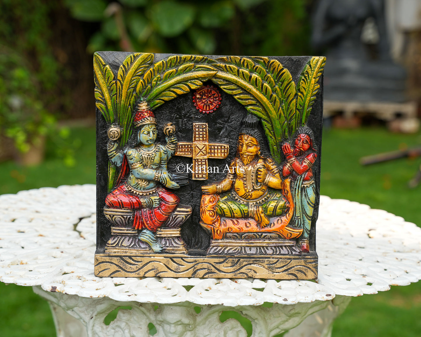Hand-Carved Solid Wood Krishna and Shakuni Dice Game Panel – 12-Inch Traditional Mahabharata Polychrome Wall Art Plaque