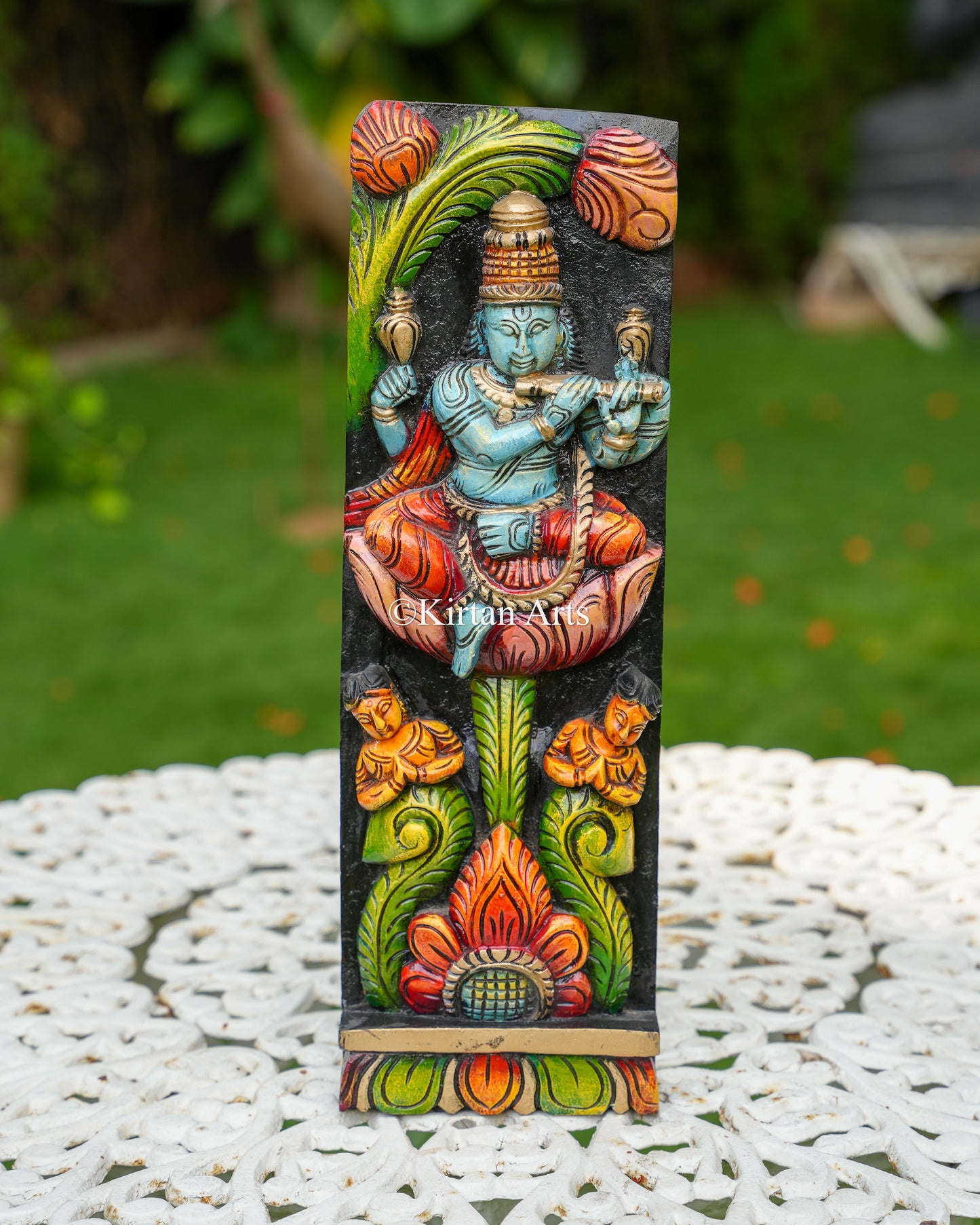 Hand-Carved Solid Wood Venugopala Krishna Panel – 18-Inch Traditional Flute-Playing Chaturbhuj Krishna Polychrome Wall Art Plaque