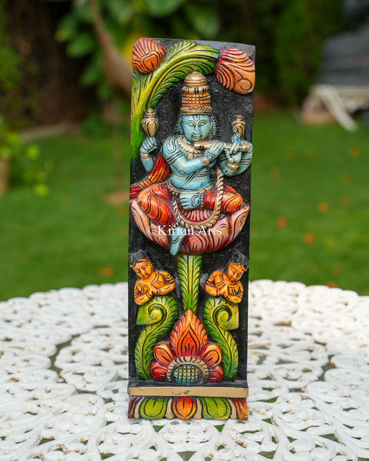 Hand-Carved Solid Wood Venugopala Krishna Panel – 18-Inch Traditional Flute-Playing Chaturbhuj Krishna Polychrome Wall Art Plaque
