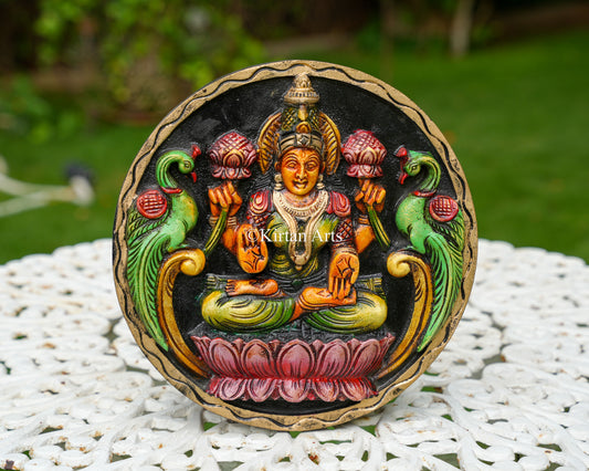 Hand-Carved Solid Wood Goddess Lakshmi Circular Panel – 12-Inch Traditional Ashta Lakshmi Polychrome Wall Plaque