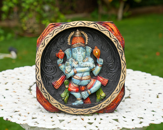 Hand-Carved Solid Wood Dancing Ganesha Panel – 12-Inch Traditional Nritya Ganesha Polychrome Wall Art Plaque