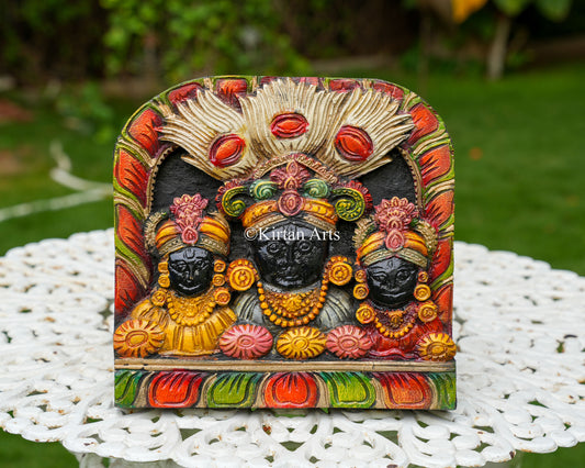 Hand-Carved Solid Wood Jagannath, Balabhadra, and Subhadra Panel – 12-Inch Traditional Puri Jagannath Polychrome Wall Art Plaque