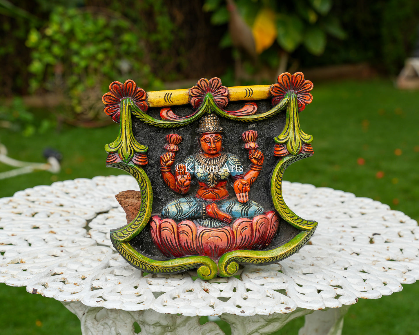 Hand-Carved Solid Wood Goddess Lakshmi Panel – 12-Inch Traditional Padmasana Lakshmi Polychrome Wall Art