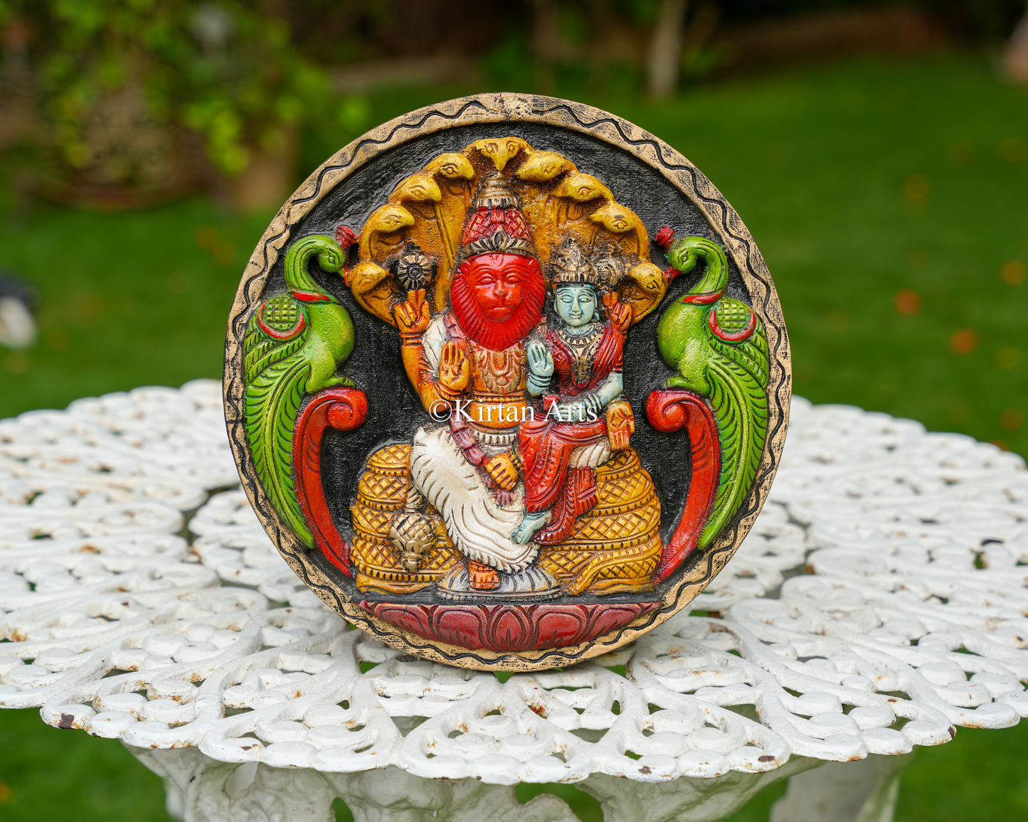 Hand-Carved Solid Wood Lakshmi Narasimha Circular Panel – 12-Inch Traditional Yoga Narasimha Polychrome Wall Plaque