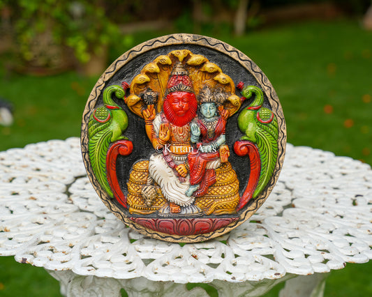 Hand-Carved Solid Wood Lakshmi Narasimha Circular Panel – 12-Inch Traditional Yoga Narasimha Polychrome Wall Plaque