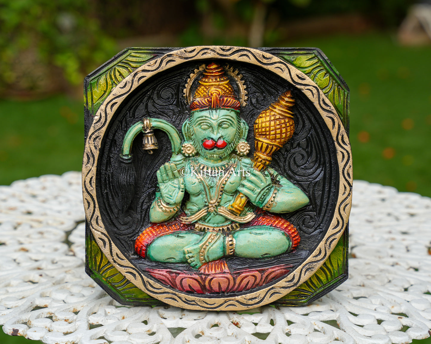 Hand-Carved Solid Wood Lord Hanuman Panel – 12-Inch Traditional Meditating Bajrangbali Polychrome Wall Art Plaque