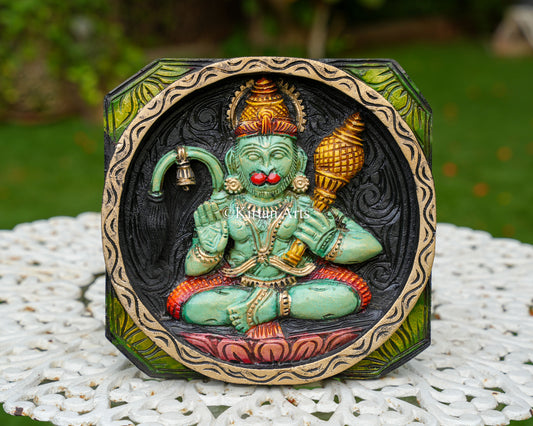 Hand-Carved Solid Wood Lord Hanuman Panel – 12-Inch Traditional Meditating Bajrangbali Polychrome Wall Art Plaque