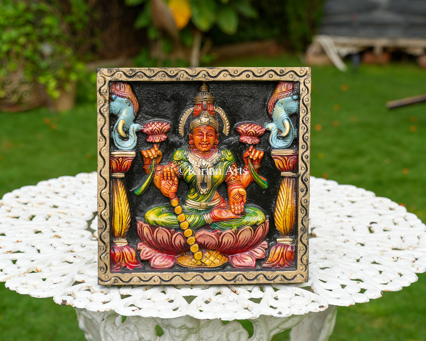 Hand-Carved Solid Wood Gaja Lakshmi Panel – 12-Inch Traditional Gajalakshmi Polychrome Wall Art Plaque