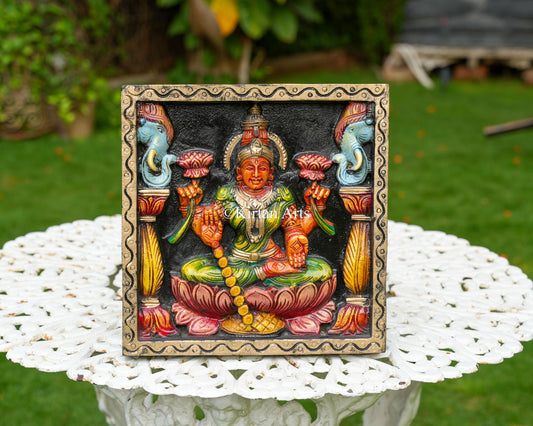 Hand-Carved Solid Wood Gaja Lakshmi Panel – 12-Inch Traditional Gajalakshmi Polychrome Wall Art Plaque