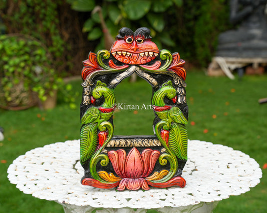 Hand-Carved Solid Wood Peacock Frame – 18x12 Inch Traditional Kirtimukha Yali and Peacock Polychrome Wall Mirror/Altar Frame