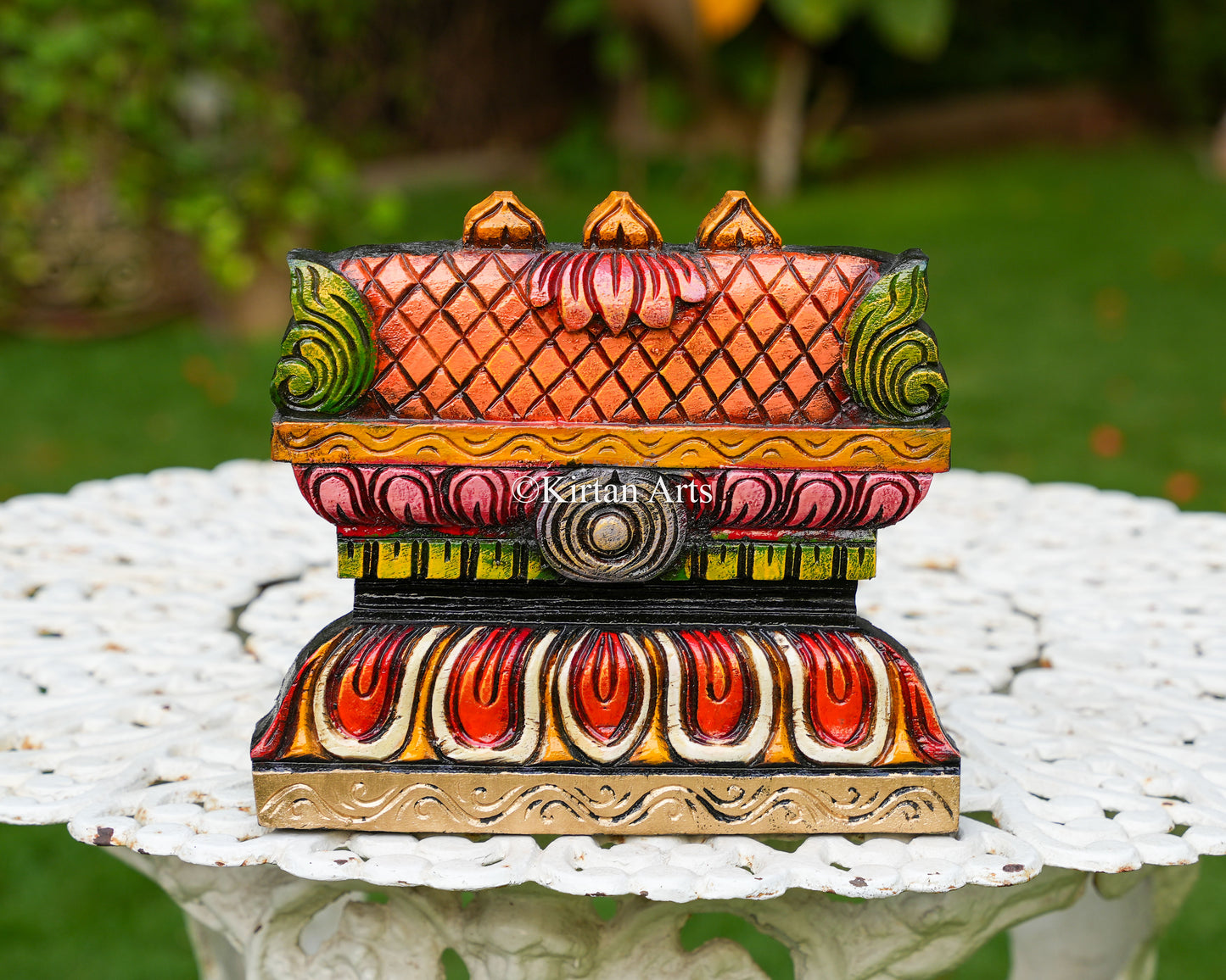 Hand-Carved Solid Wood Gopuram Wall Art – 11-Inch Traditional South Indian Temple Ridge Polychrome Plaque