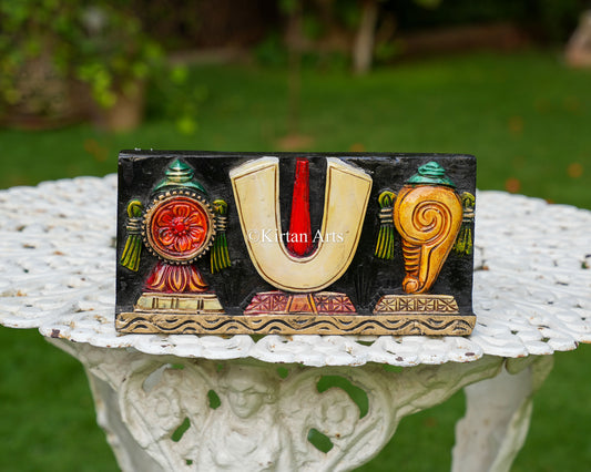 Hand-Carved Solid Wood Shanku Chakra Namam Panel – 12-Inch Traditional Tirupati Balaji Symbols Polychrome Wall Plaque