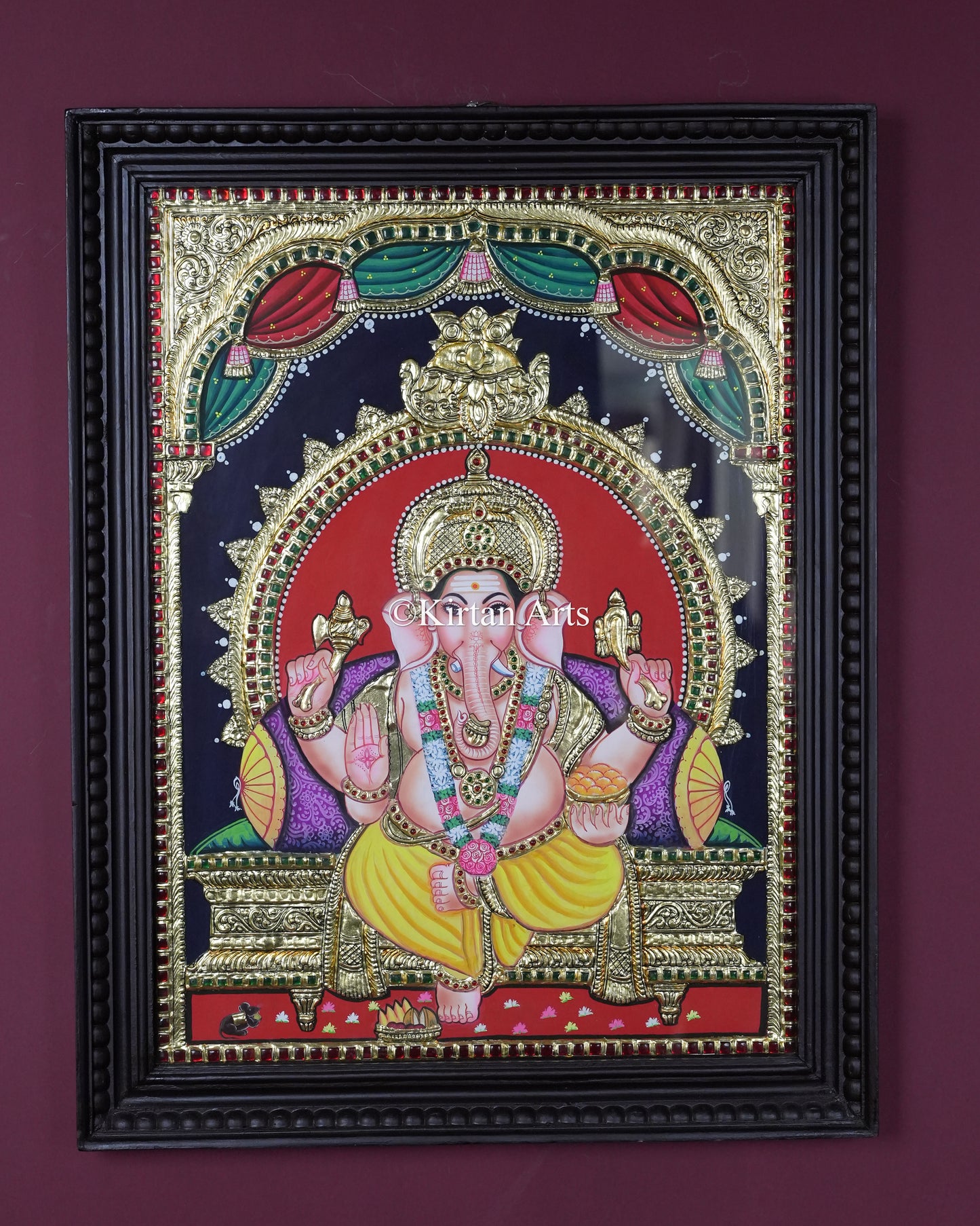 Divine Ganesha Tanjore Painting – Large 24x18 Inch Traditional Gold Foil Wall Art (27x21 Inches with Frame)