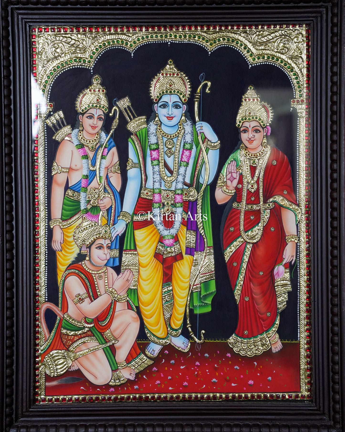Divine Ram Parivar Tanjore Painting – 24x18 Inch Traditional Gold Foil Wall Art (27x21 Inches with Frame)