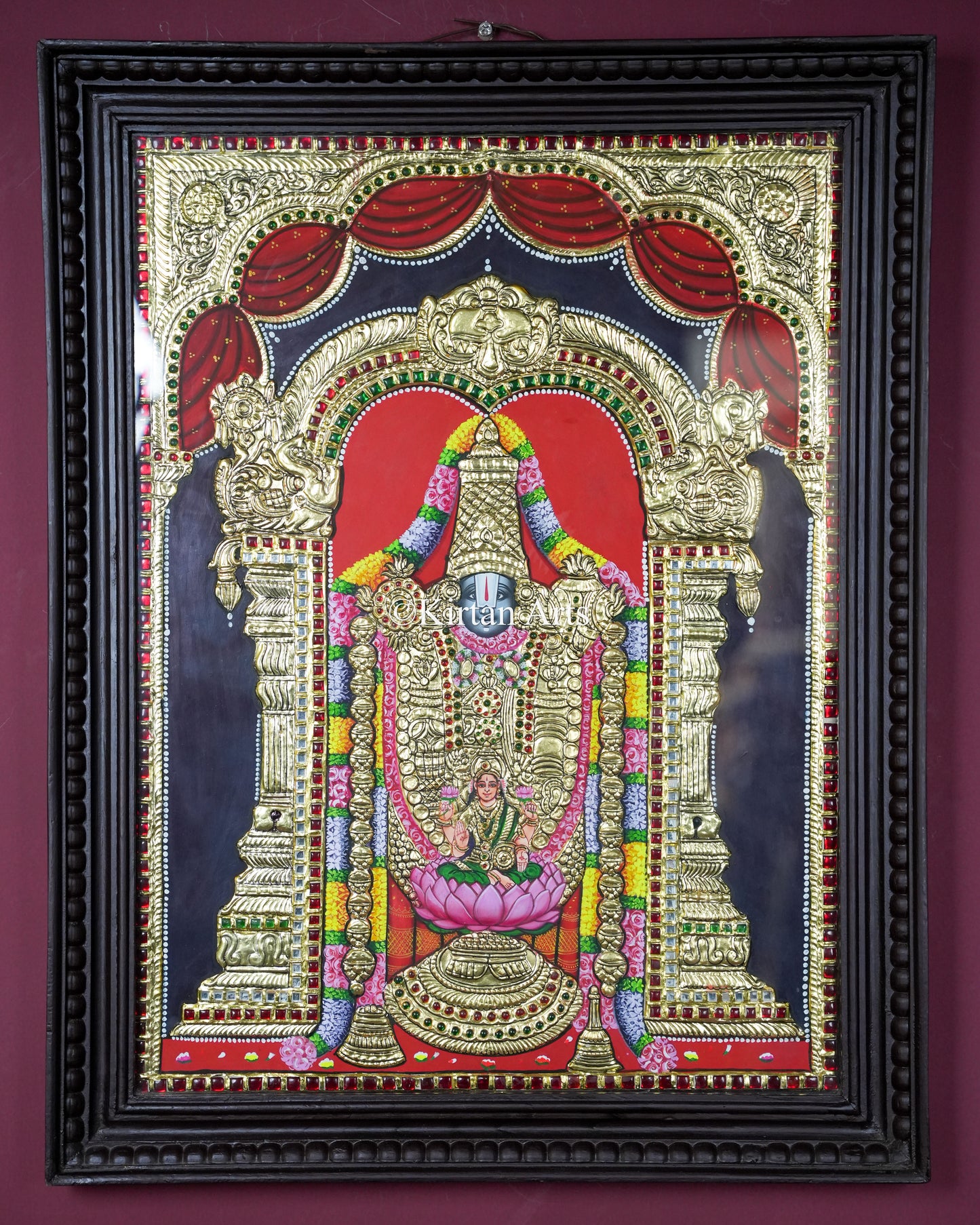 Divine Tirupati Balaji with Lakshmi Tanjore Painting – 24x18 Inch Traditional Gold Foil Wall Art (27x21 Inches with Frame)