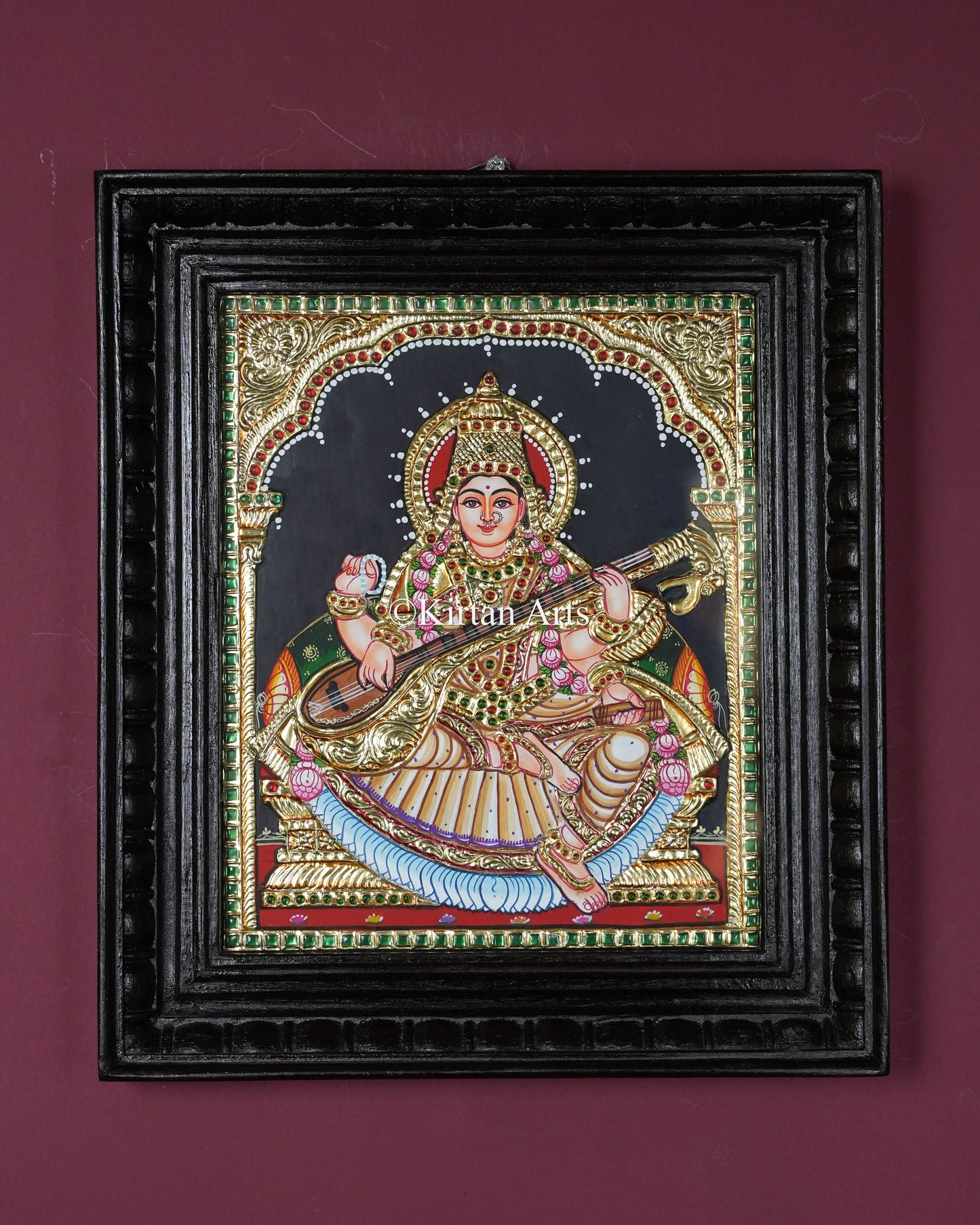Divine Goddess Saraswati Tanjore Painting – 12x10 Inch Traditional Gold Foil Wall Art (15x13 Inches with Frame)