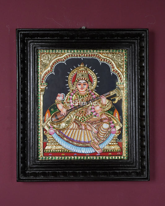 Divine Goddess Saraswati Tanjore Painting – 12x10 Inch Traditional Gold Foil Wall Art (15x13 Inches with Frame)