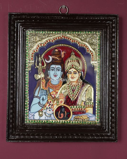 Divine Shiva Parvati Tanjore Painting – 12x10 Inch Traditional Gold Foil Wall Art (15x13 Inches with Frame)