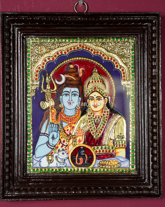 Divine Shiva Parvati Tanjore Painting – 12x10 Inch Traditional Gold Foil Wall Art (15x13 Inches with Frame)