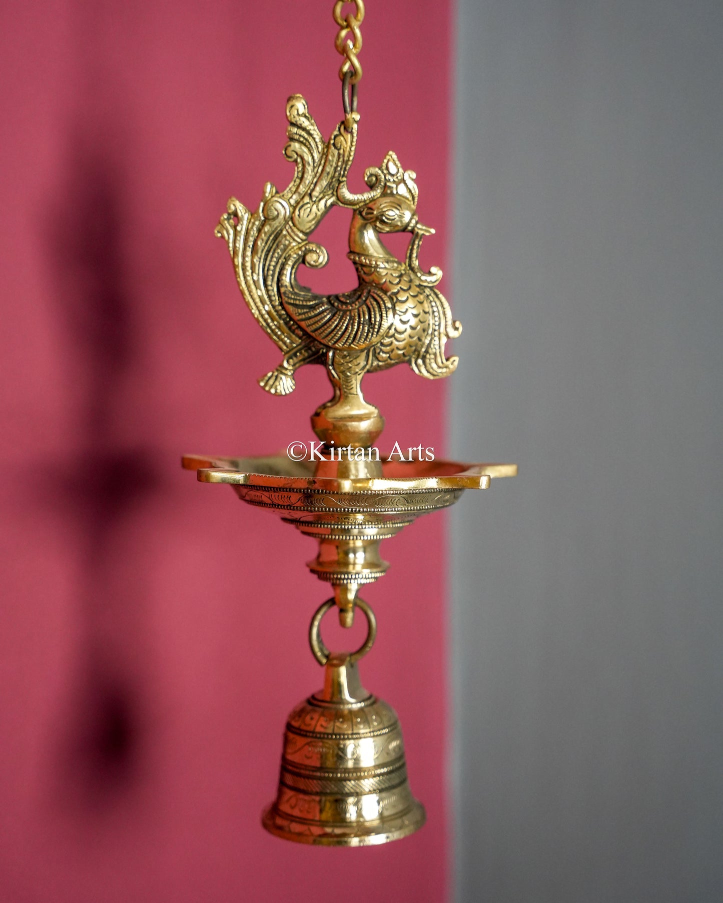 Solid Brass Hanging Peacock Bell Lamp (7 Wick) – 32-Inch Traditional Chain Diya with Carved Mayura and Bell