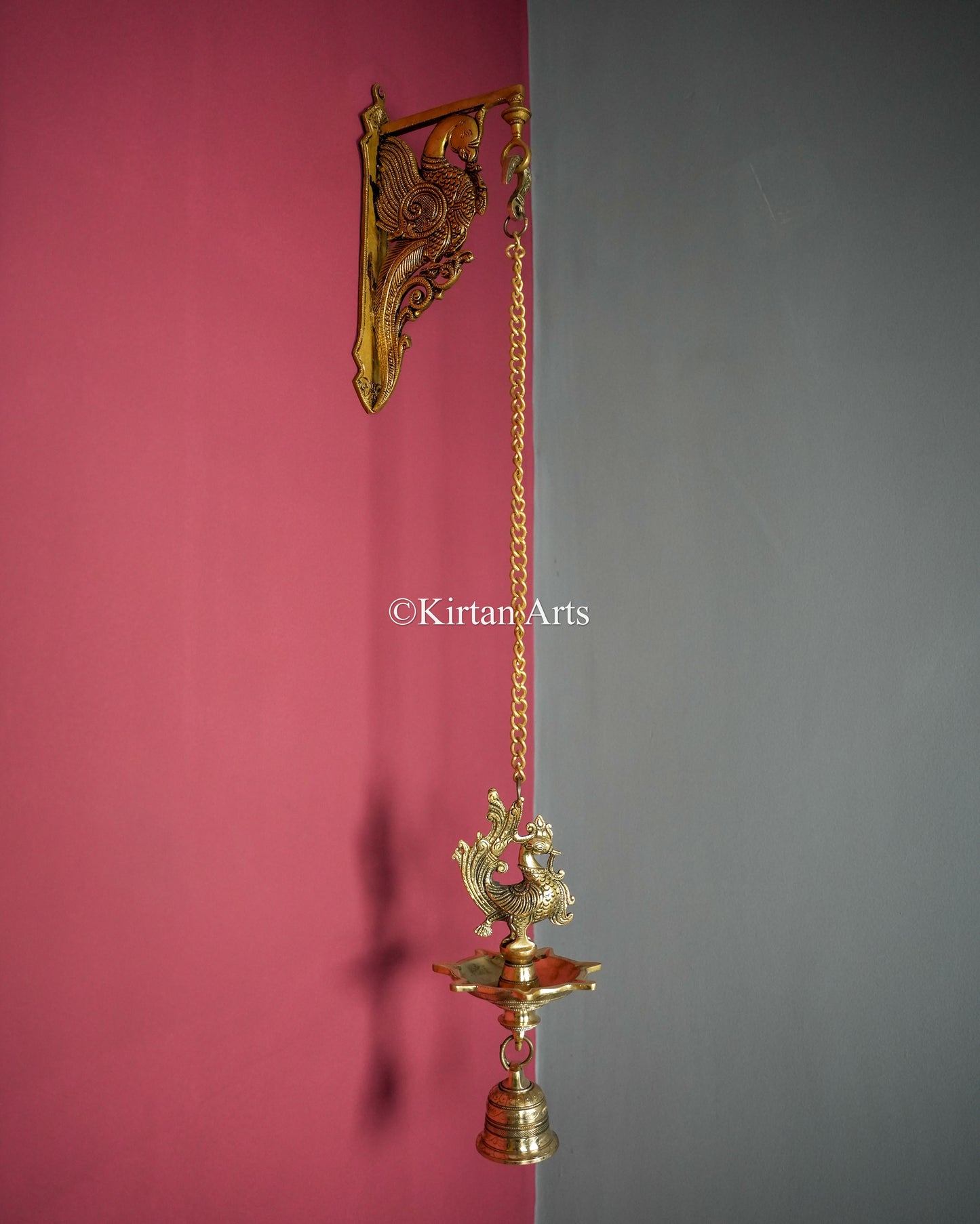 Solid Brass Hanging Peacock Bell Lamp (7 Wick) – 32-Inch Traditional Chain Diya with Carved Mayura and Bell