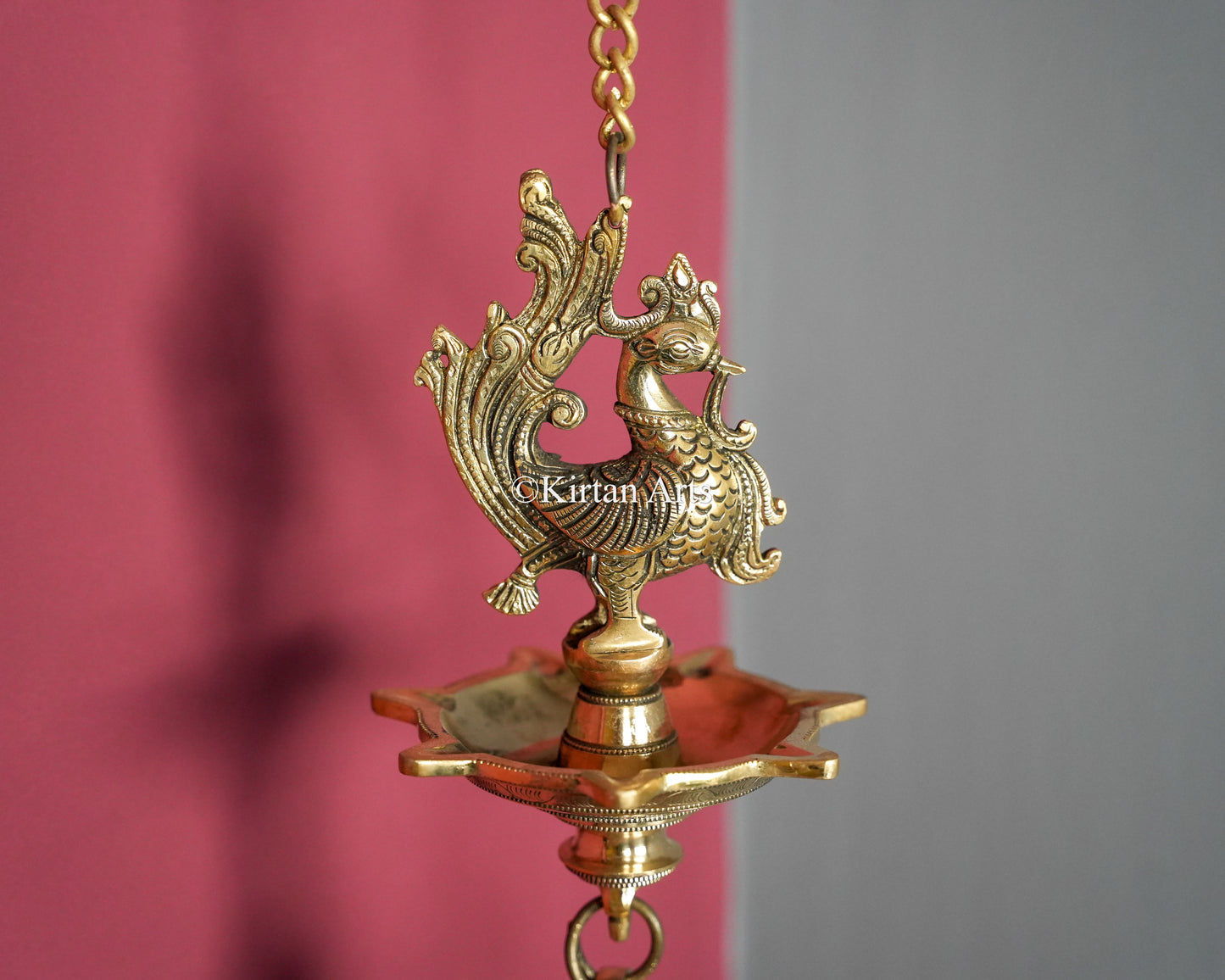 Solid Brass Hanging Peacock Bell Lamp (7 Wick) – 32-Inch Traditional Chain Diya with Carved Mayura and Bell