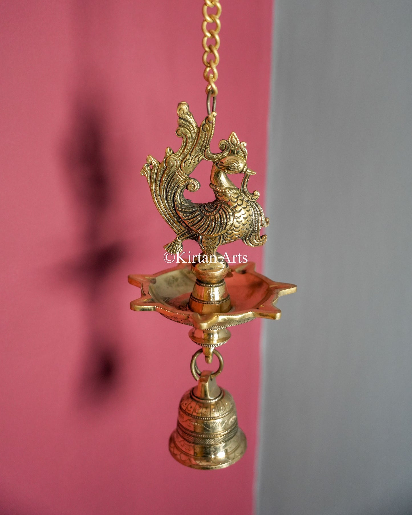 Solid Brass Hanging Peacock Bell Lamp (7 Wick) – 32-Inch Traditional Chain Diya with Carved Mayura and Bell