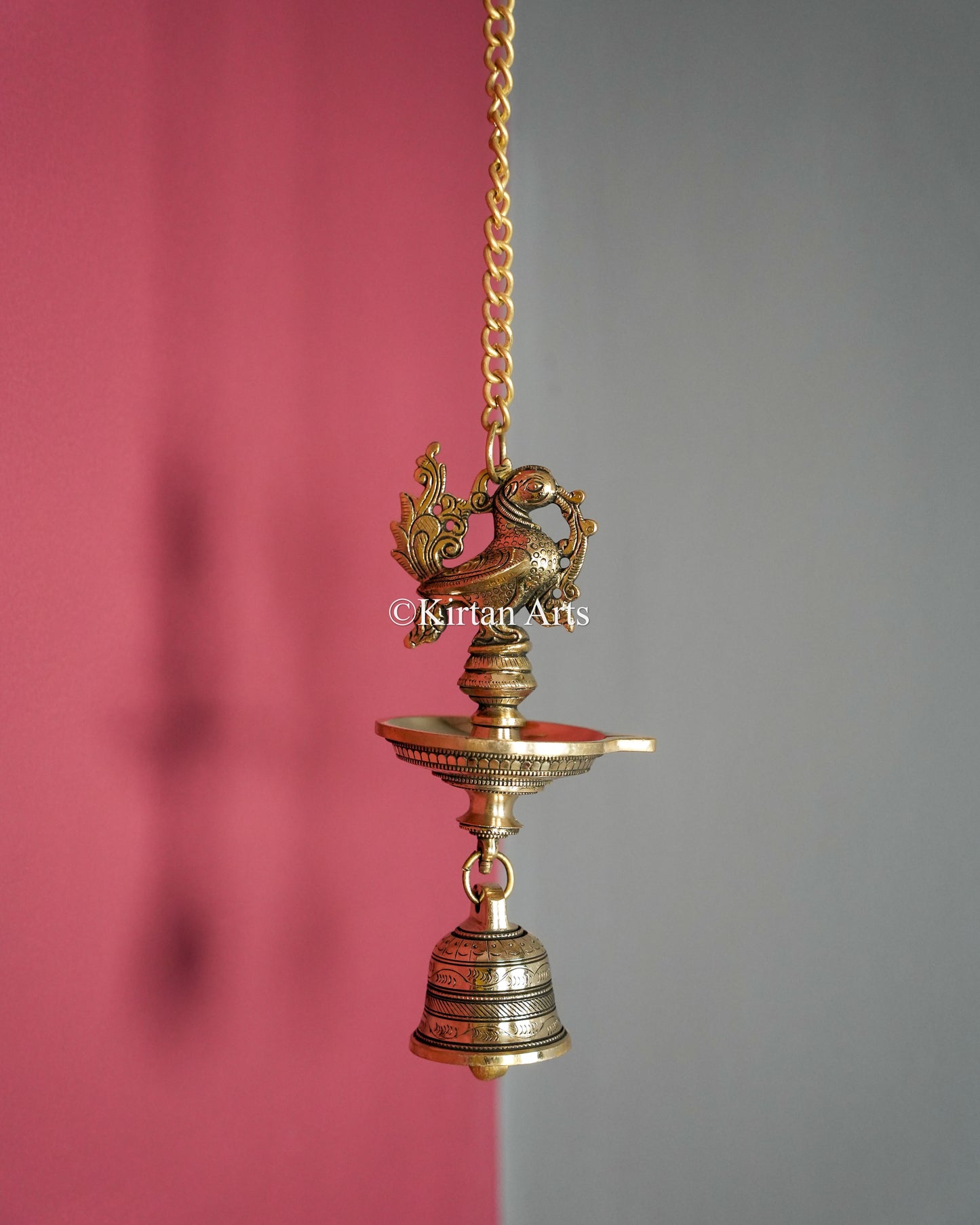 Premium Solid Brass Hanging Peacock Lamp (Single Wick) – 24-Inch Traditional Chain Diya with Carved Mayura and Bell