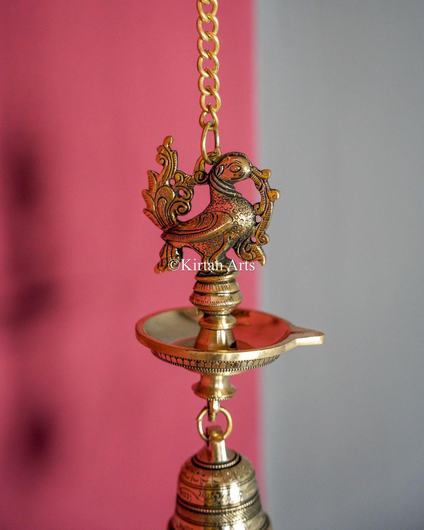 Premium Solid Brass Hanging Peacock Lamp (Single Wick) – 24-Inch Traditional Chain Diya with Carved Mayura and Bell