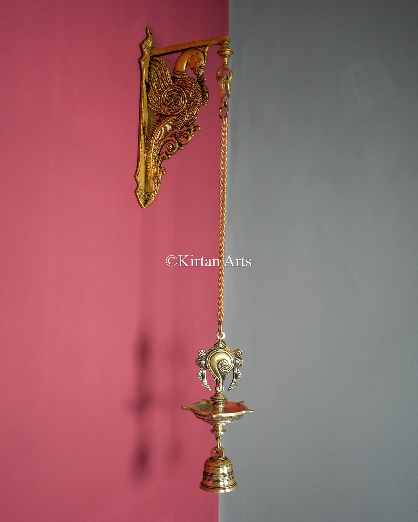 Premium Solid Brass Hanging Shanku and Chakra Lamp Pair (5 Wick) – 25-Inch Traditional Chain Diya Set with Sacred Vaishnava Motifs and Bells