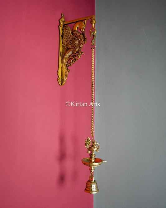 Premium Solid Brass Hanging Peacock Lamp (Single Wick) – 24-Inch Traditional Chain Diya with Carved Mayura and Bell