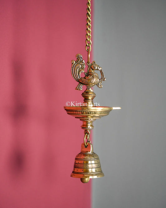 Premium Solid Brass Hanging Peacock Lamp (Single Wick) – 24-Inch Traditional Chain Diya with Carved Mayura and Bell