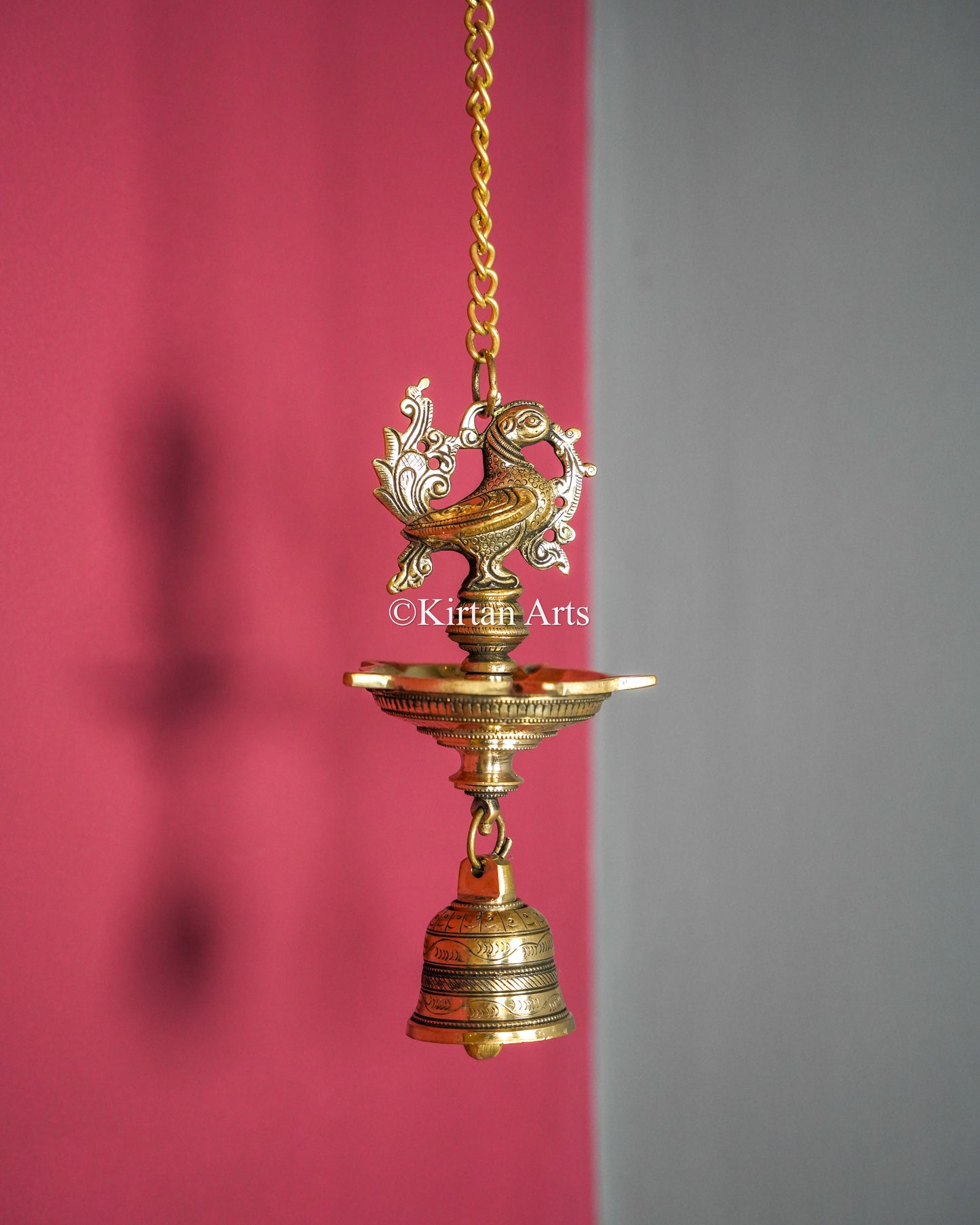 Premium Solid Brass Hanging Peacock Lamp (5 Wick) – 24-Inch Traditional Chain Diya with Carved Mayura and Bell