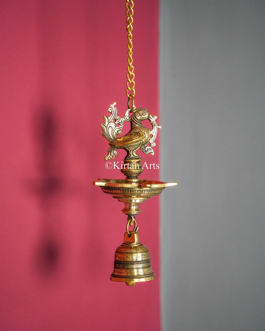 Premium Solid Brass Hanging Peacock Lamp (5 Wick) – 24-Inch Traditional Chain Diya with Carved Mayura and Bell
