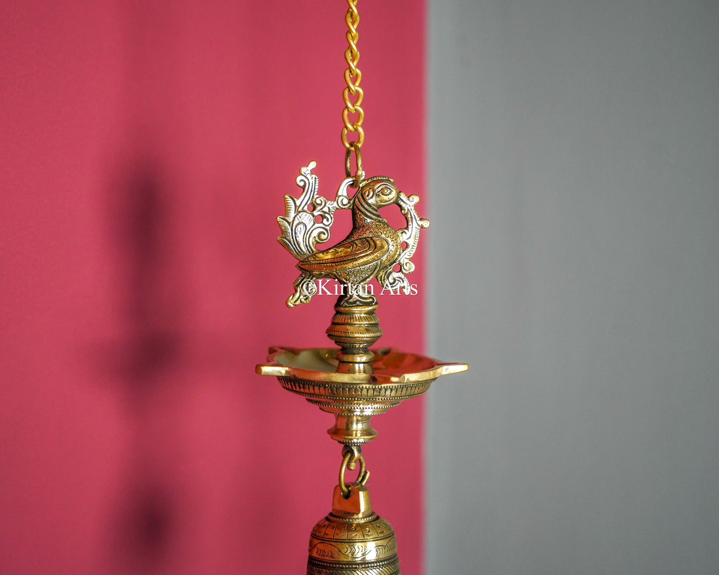 Premium Solid Brass Hanging Peacock Lamp (5 Wick) – 24-Inch Traditional Chain Diya with Carved Mayura and Bell