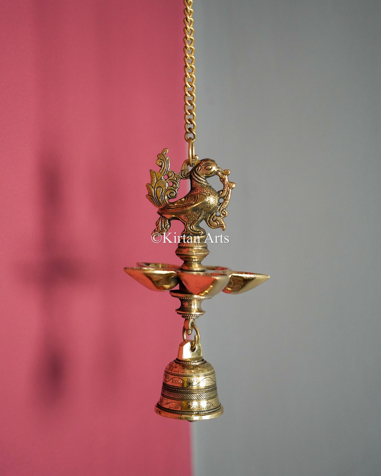 Premium Solid Brass Hanging Peacock Lamp – 24-Inch Traditional Chain Diya with Carved Mayura and Deep-Cup 5-Wick Bell