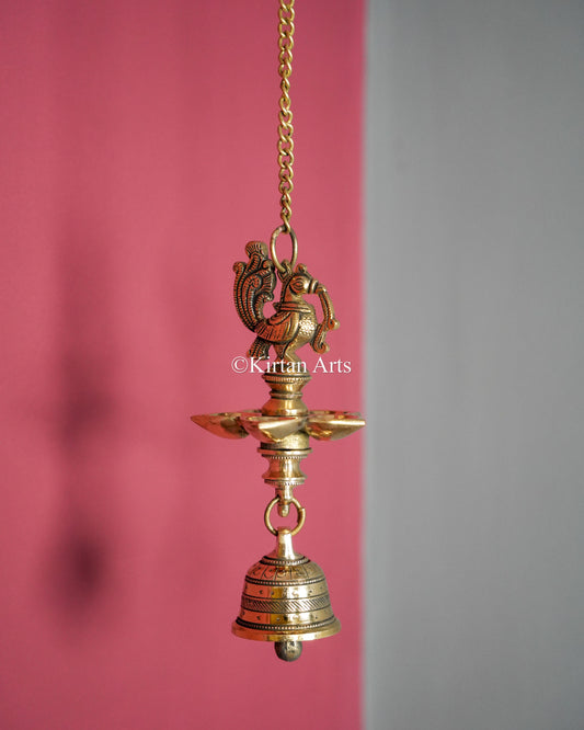 Premium Solid Brass Hanging Peacock Lamp (5 Wick) – 23-Inch Traditional Chain Diya with Carved Mayura and Bell