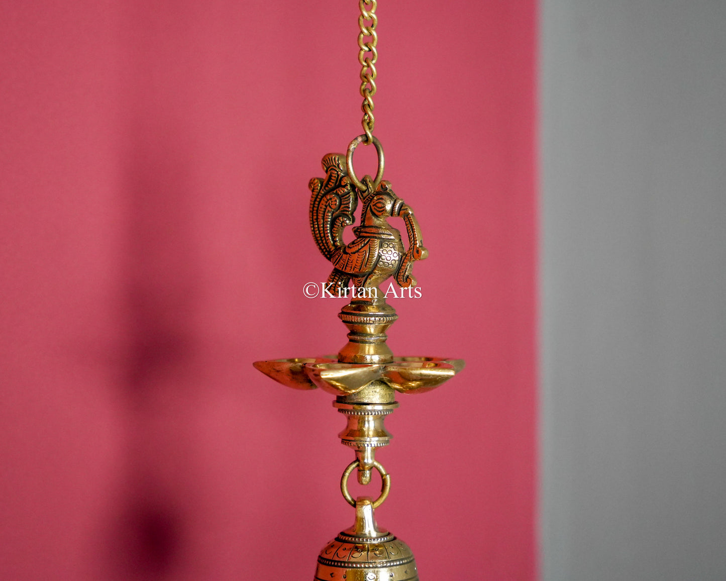 Premium Solid Brass Hanging Peacock Lamp (5 Wick) – 23-Inch Traditional Chain Diya with Carved Mayura and Bell