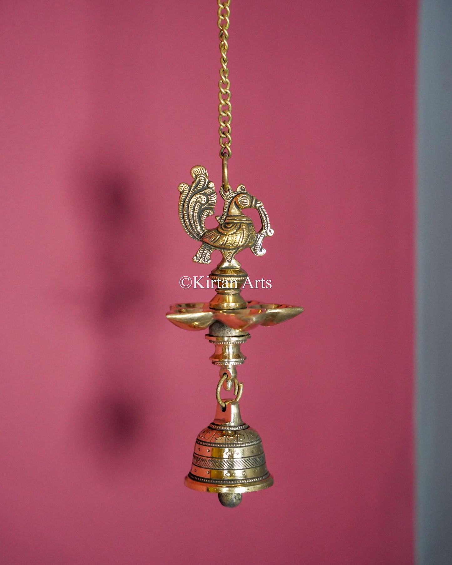 Premium Solid Brass Hanging Peacock Lamp (5 Wick) – 23-Inch Traditional Chain Diya with Carved Mayura and Bell