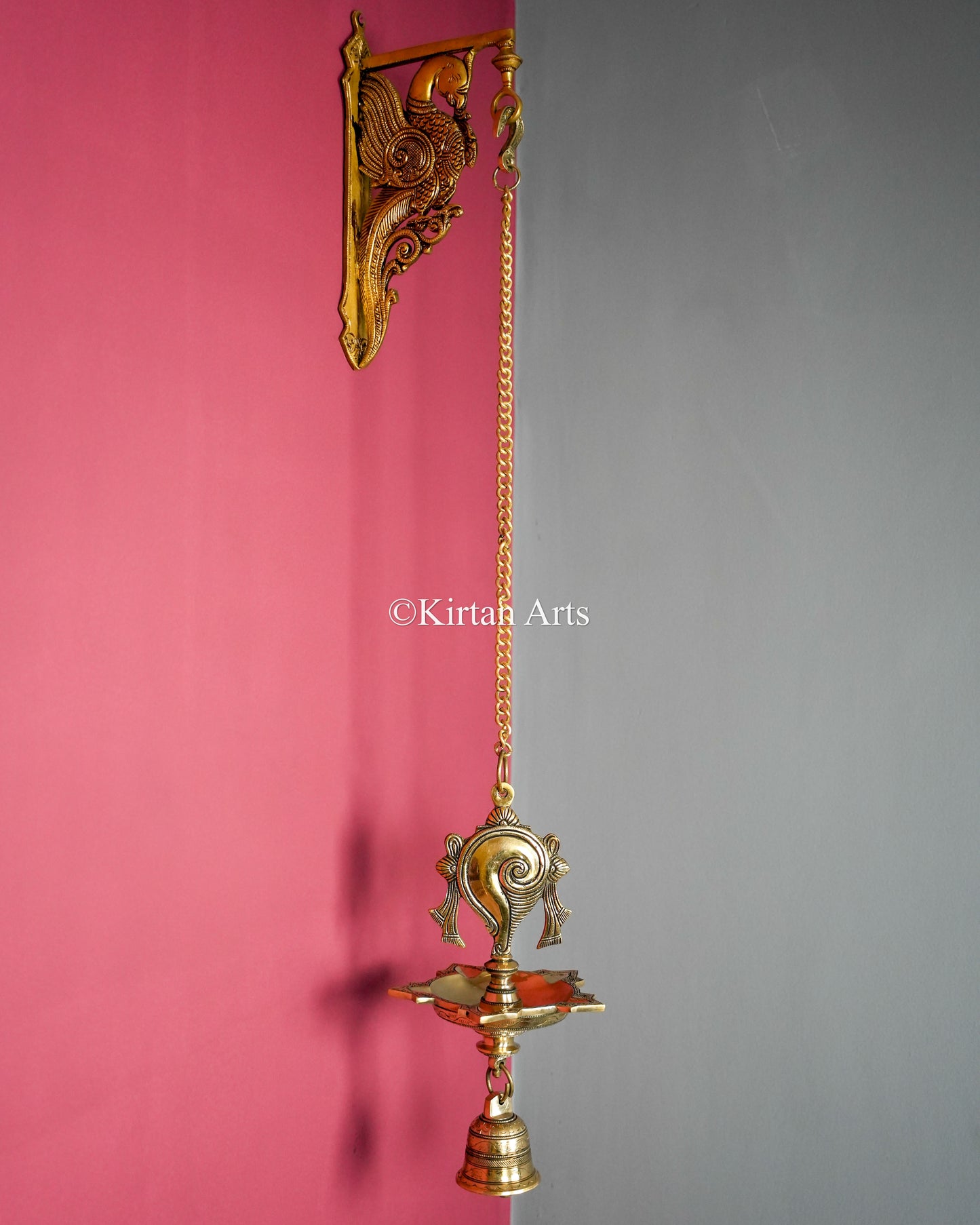 Premium Grand Solid Brass Hanging Shanku and Chakra Lamp Pair (5 Wick) – 36-Inch Traditional Chain Diya Set with Sacred Vaishnava Motifs and Heavy Bells