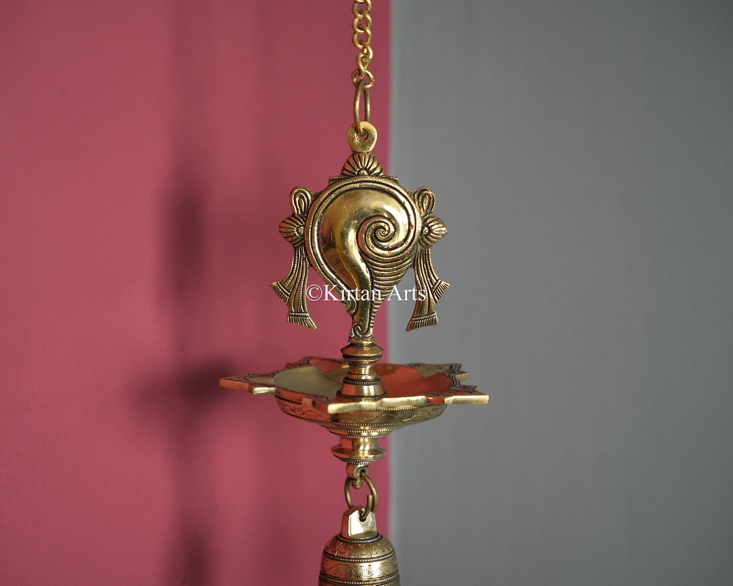 Premium Grand Solid Brass Hanging Shanku and Chakra Lamp Pair (5 Wick) – 36-Inch Traditional Chain Diya Set with Sacred Vaishnava Motifs and Heavy Bells