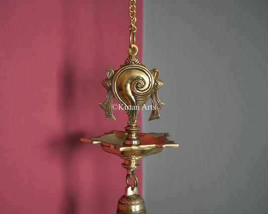 Premium Grand Solid Brass Hanging Shanku and Chakra Lamp Pair (5 Wick) – 36-Inch Traditional Chain Diya Set with Sacred Vaishnava Motifs and Heavy Bells